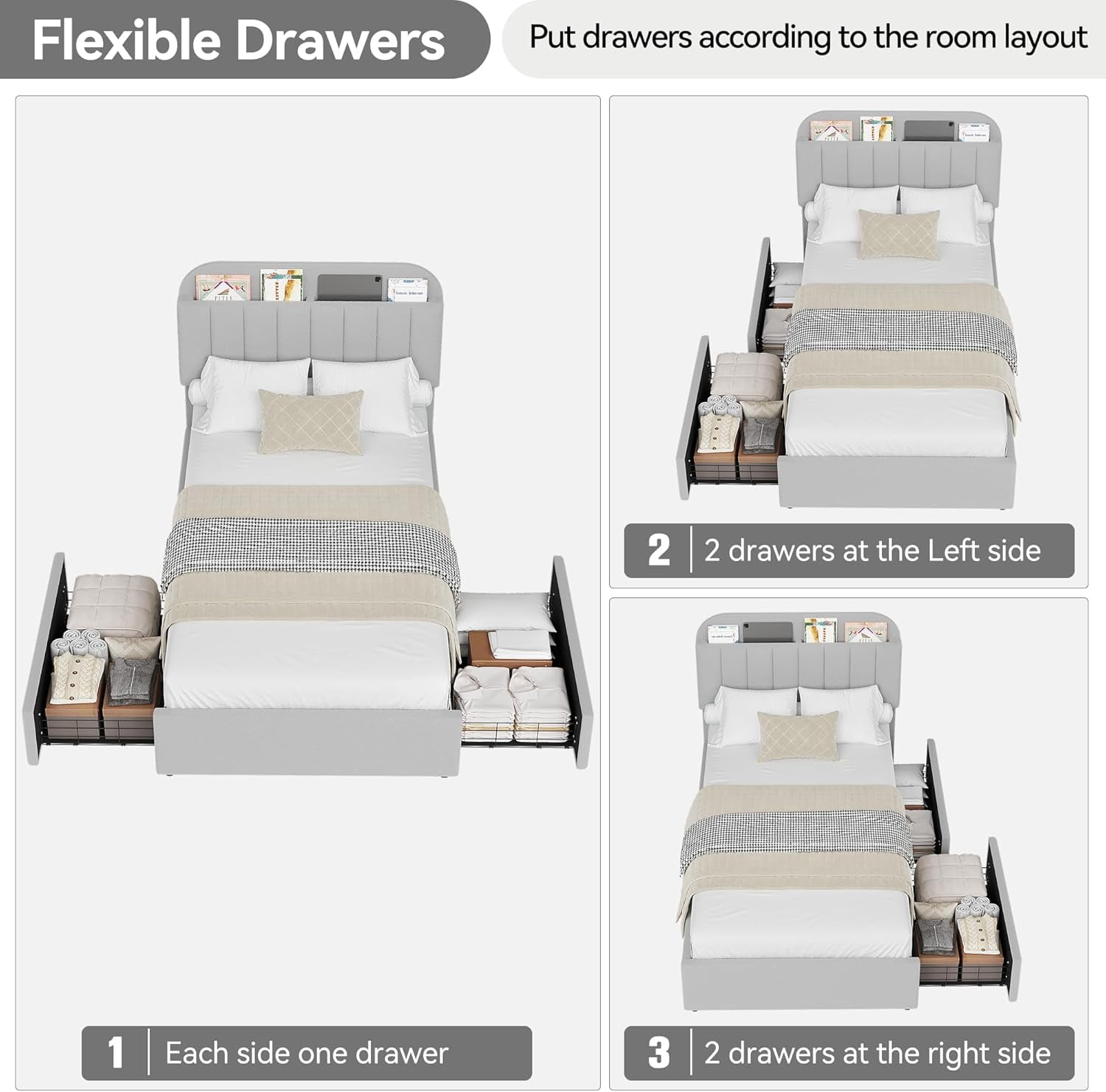 Twin Size Bed Frame with Storage Drawers & Bookcase Headboard, Boucle Platform Bed, Noise-Free, No Box Spring Needed, Grey
