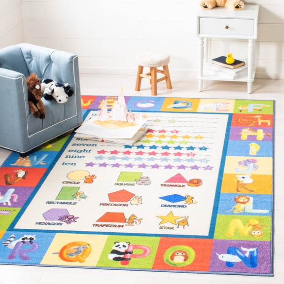 Safavieh Kids Playhouse Alphabet Numbers Shapes Machine Washable Area Rug, Beige/Blue, 5'5" x 7'7"