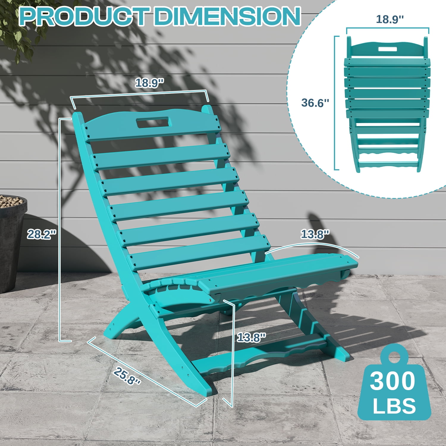 FODINGHILL Folding Adirondack Xavier Chair, HDPE All-Weather Portable Fire-Pit Chair for Outdoor Beach Deck Poolside Garden Patio Porch Fishing, Aqua