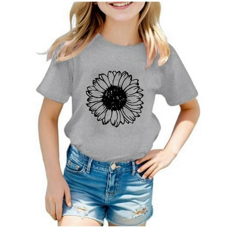 

5T Girls Clothes Summer Grey-B Kids Boys Girls Casual Sunflower Print Crew Neck Short Sleeve Tshirt Top 130