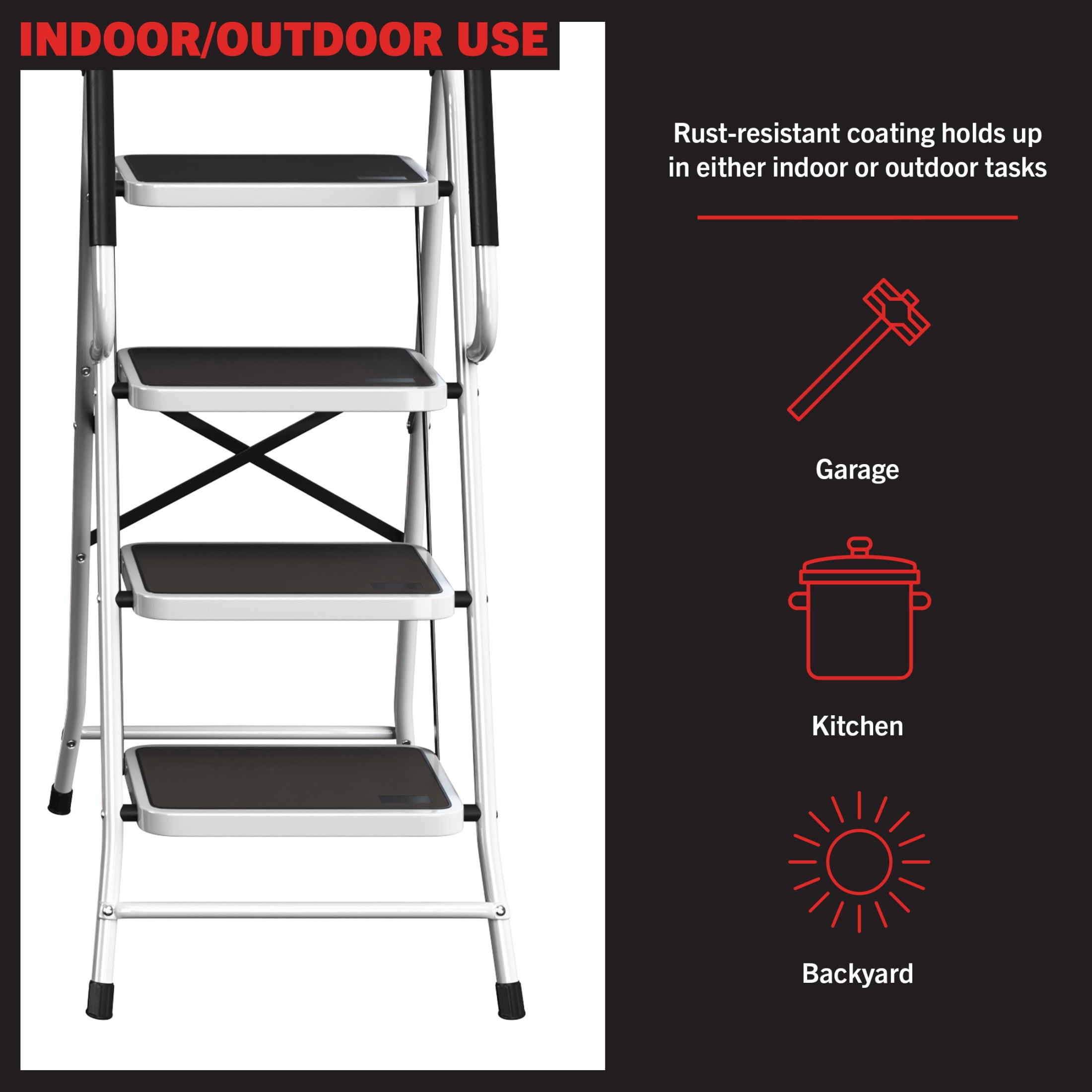 Stalwart 4 Step Stool Folding Ladder with Handrails and Attachable Tool Bag
