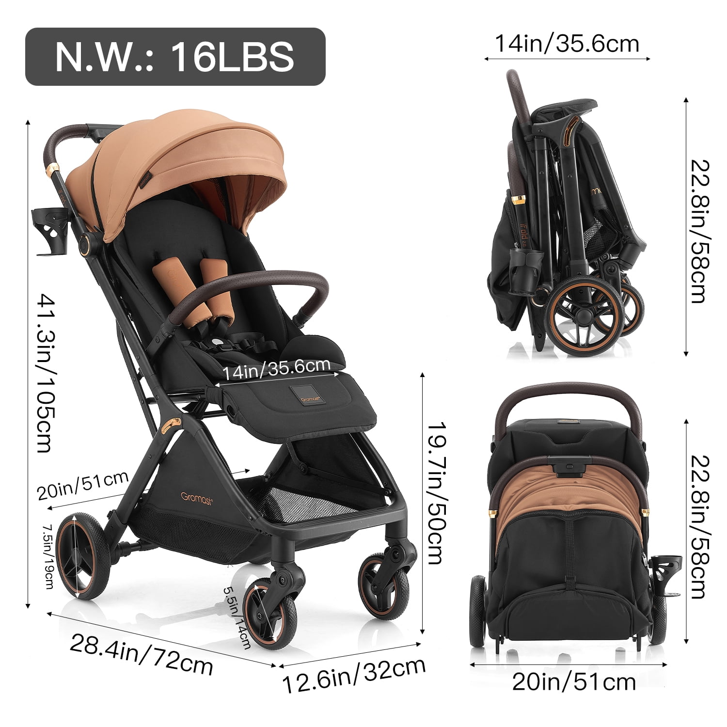 Gravity Folding Baby Stroller - Portable Toddler Stroller w/Adjustable Backrest & Canopy, Lightweight and UV Protected Travel Stroller, One-Hand Automatic Folding - Khaki