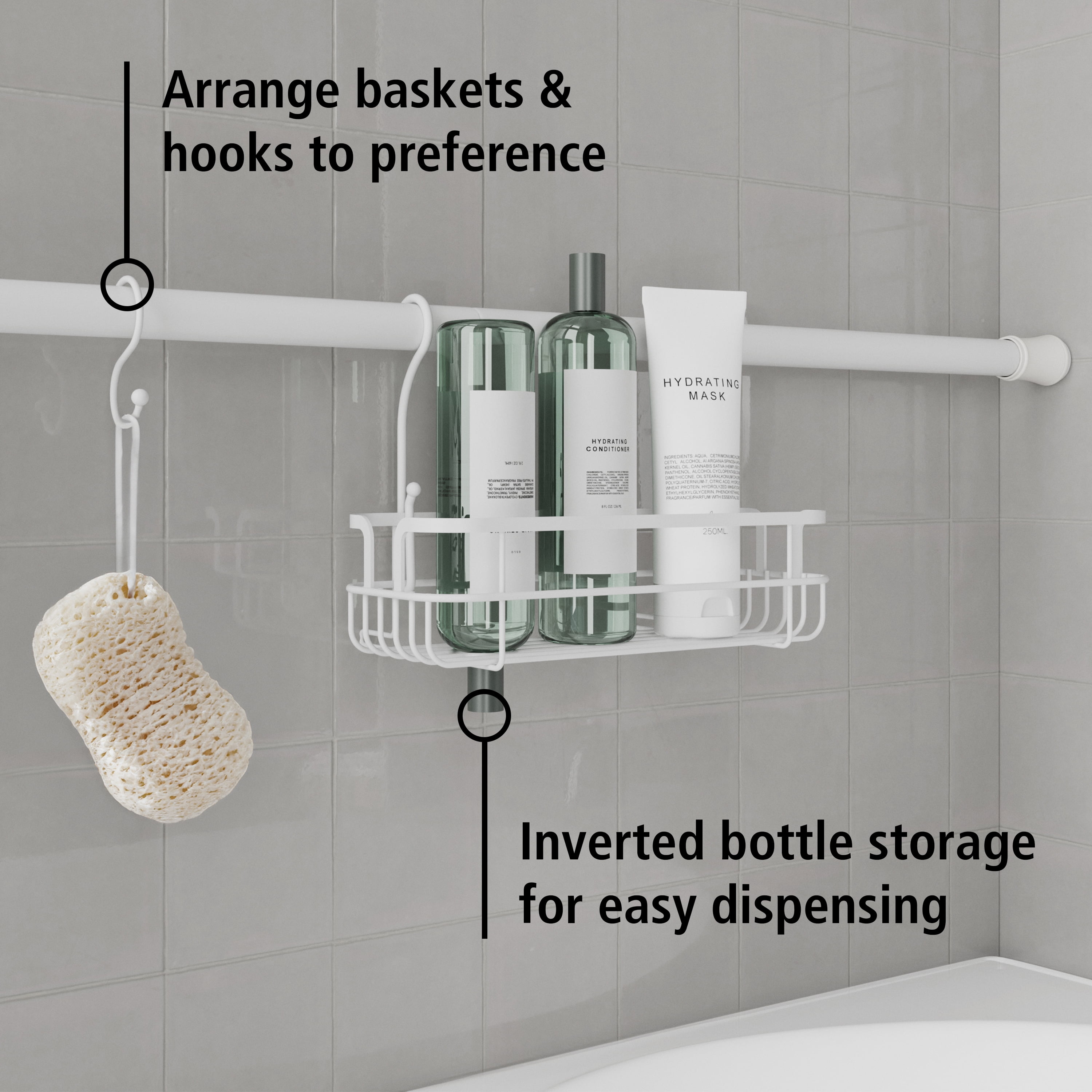 Mainstays Tension Rod Bath Organizer Pole Caddy, No Tools, 4.85 - 6 Ft., Rust Resistant, White