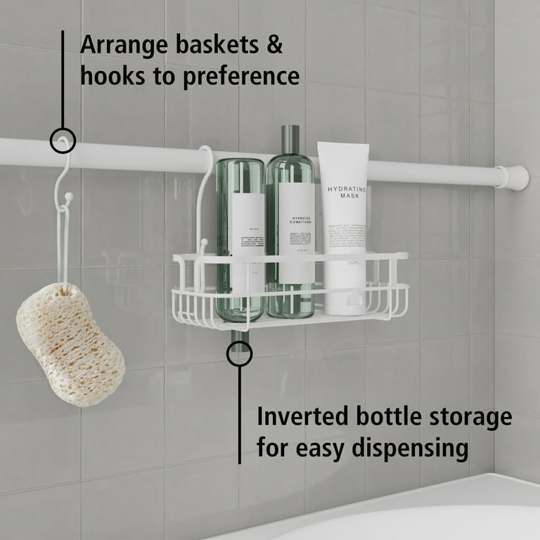 Mainstays Tension Rod Bath Organizer Pole Caddy No Tools 4.85 6 Ft. Rust Resistant White Walmart