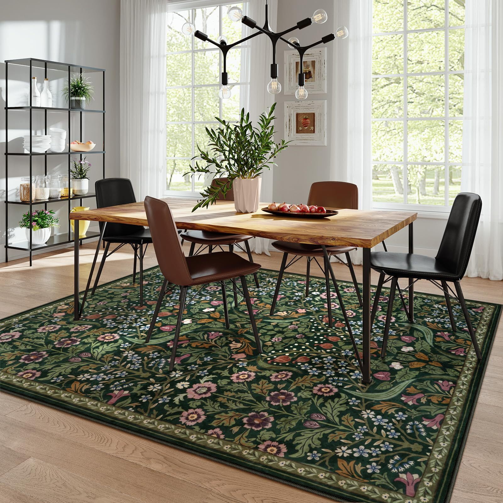 Lahome Floral Washable 8'x10' Rug, Large Rugs for Living Room, Green Soft 8 x 10 Boho Bedroom Rugs, Non Slip Botanical Ultra Thin Floor Carpet for Dining Room Nursery, Green