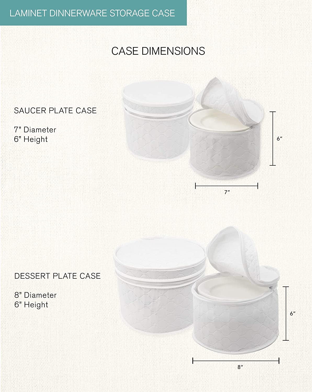 LAMINET 6 Piece Quilted Dinnerware Storage Starter Set - Includes 4 Plate Cases, 1 Cup Case & Platter Case - White 6400AC-FBM