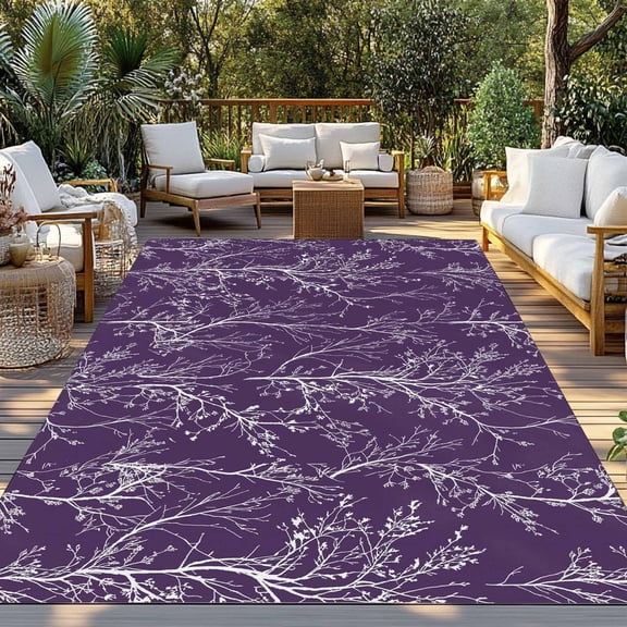 Outdoor Rug, Abstract White Tree on Purple Indoor Area Rug Outdoor Carpet RV Camping Rugs 3x5ft Modern Plant Branch Outside Mat for Patio Picnic Porch Deck Balcony Backyard