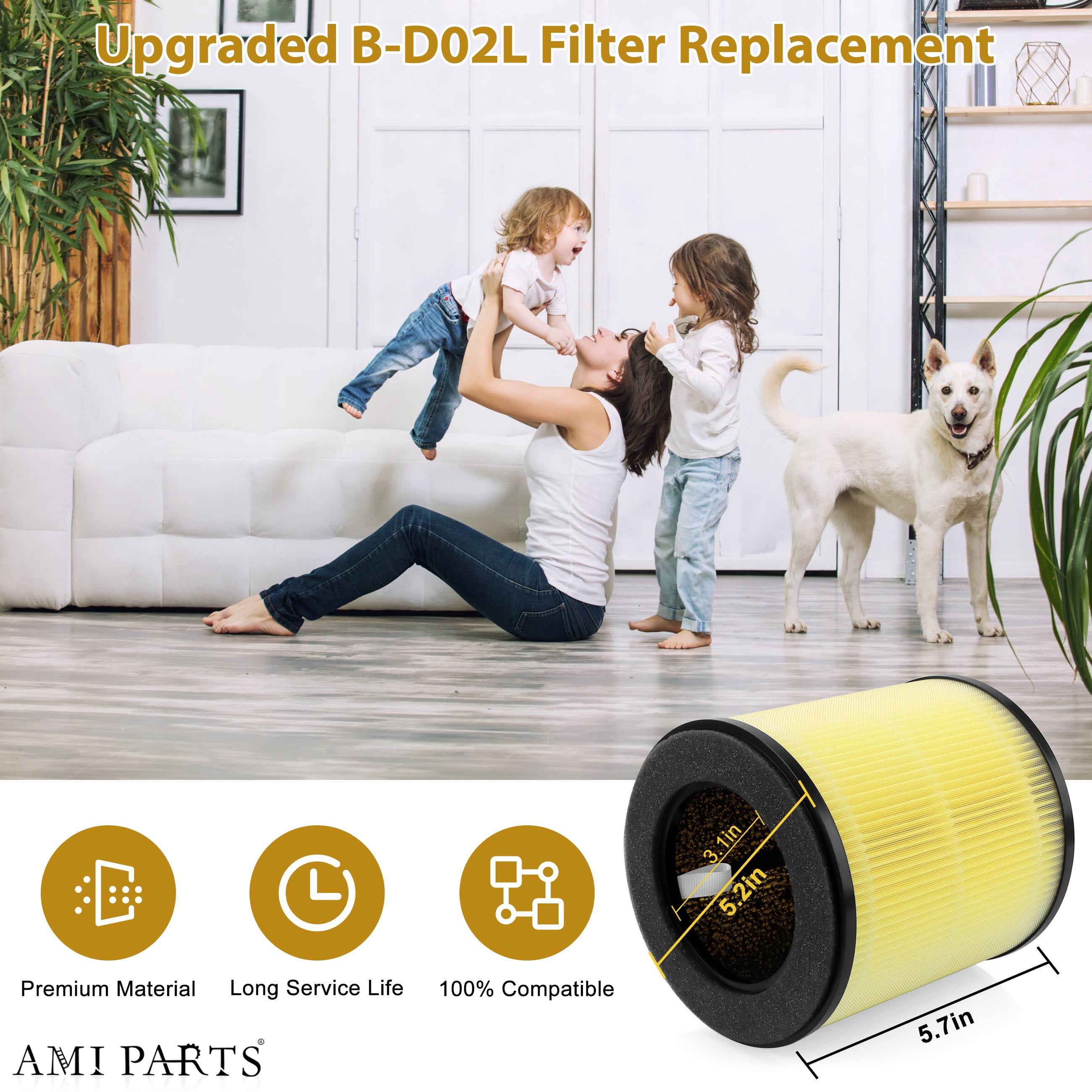 AMI PARTS B-D02L Air Filter Replacement for MOOKA and KOIOS B-D02L Air Purifier, 3-in-1 True Hepa Activated Carbon Filter