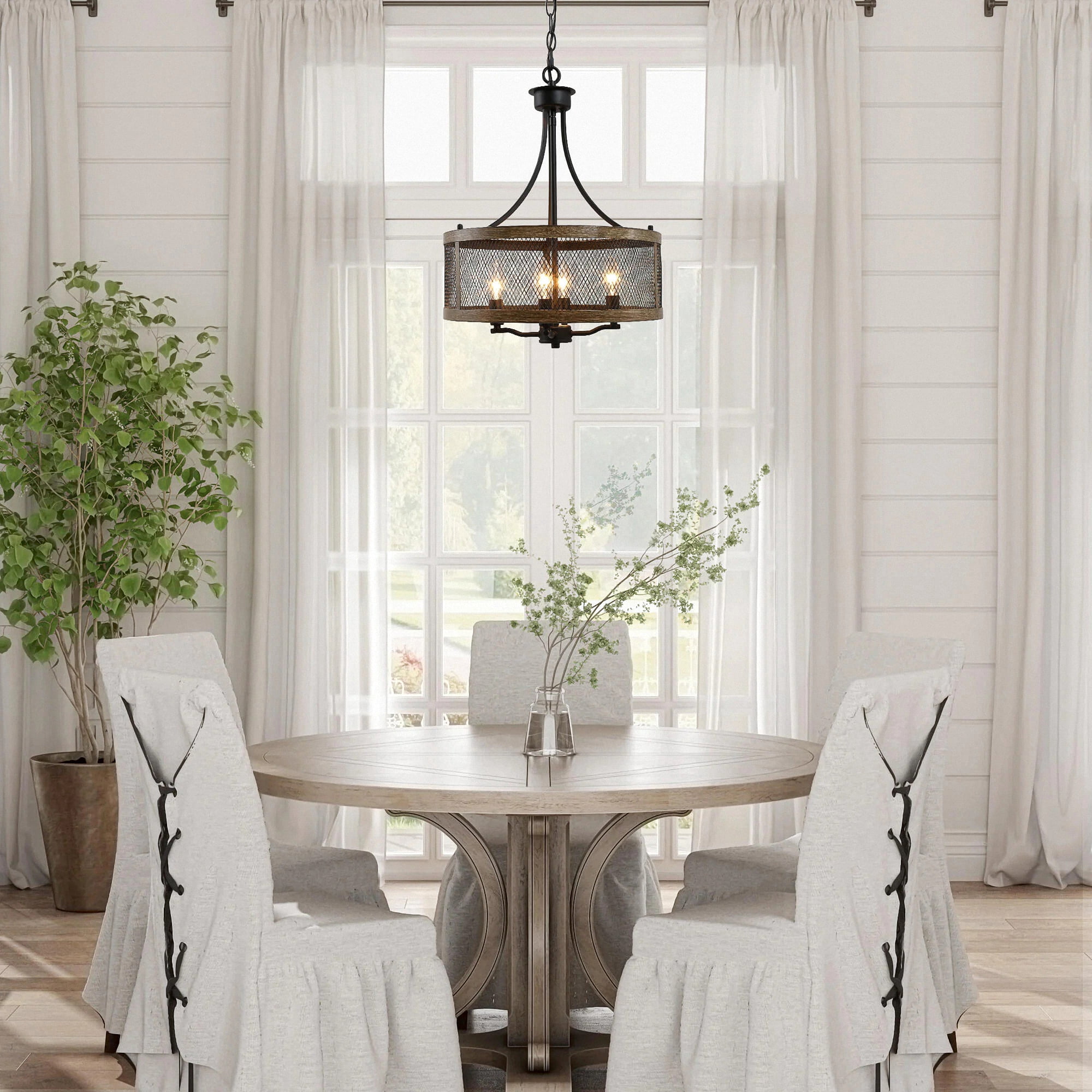 Buy Briignite 4-Light Black and Wood Drum Cage Island Chandelier ...