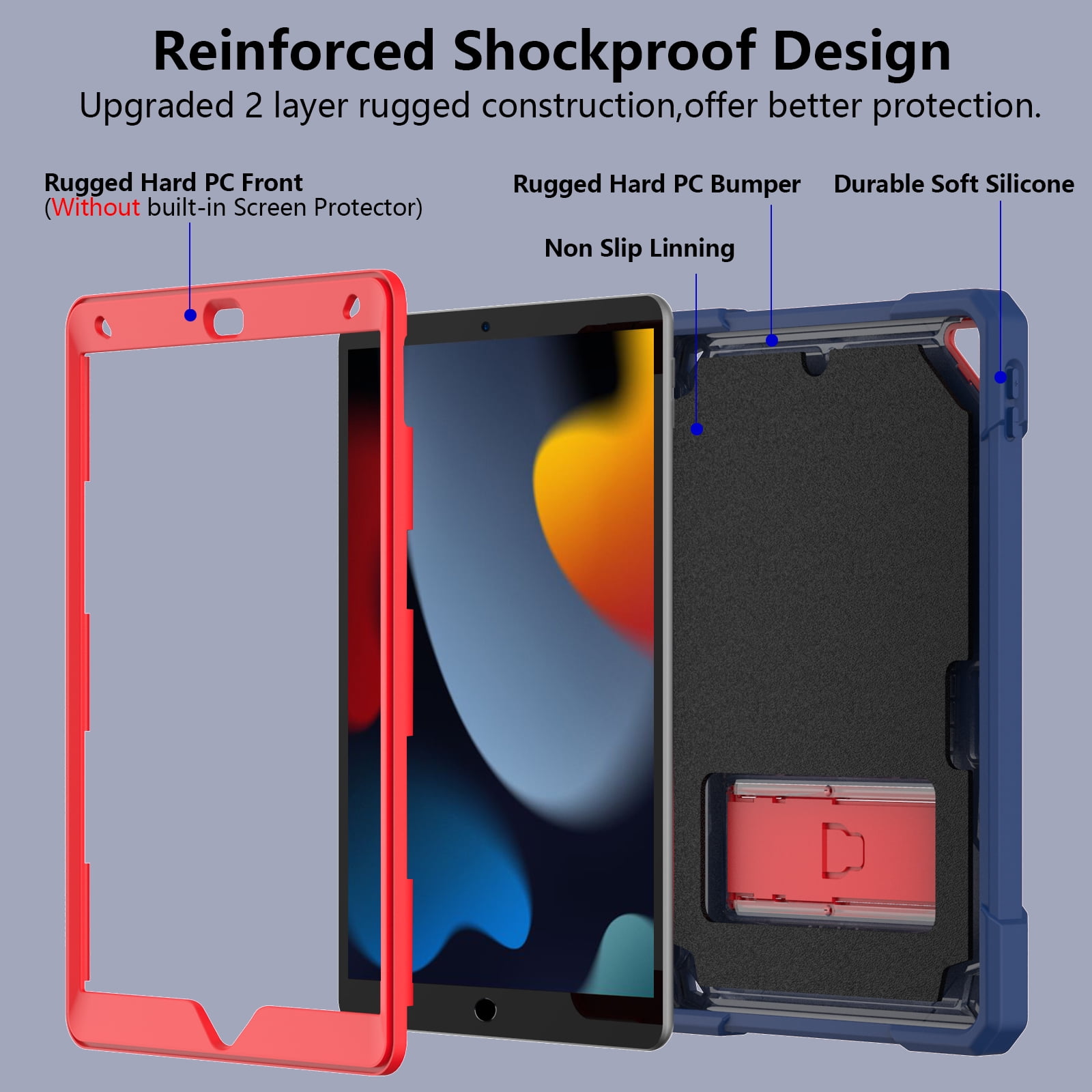 ELEHOLD Hybrid Rugged Case for iPad 9th/8th/7th Gen 10.2 2021/2020/2019, Heavy Duty Shockproof Case with Hidden Foldable Kickstand Adjustable Crossbody Shoulder Strap Pencil Holder,Darkblue