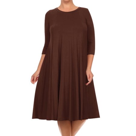 Women's Plus Size Casual 3/4 Sleeves Basic A-Line Pleated Solid Midi Dress Made in USA