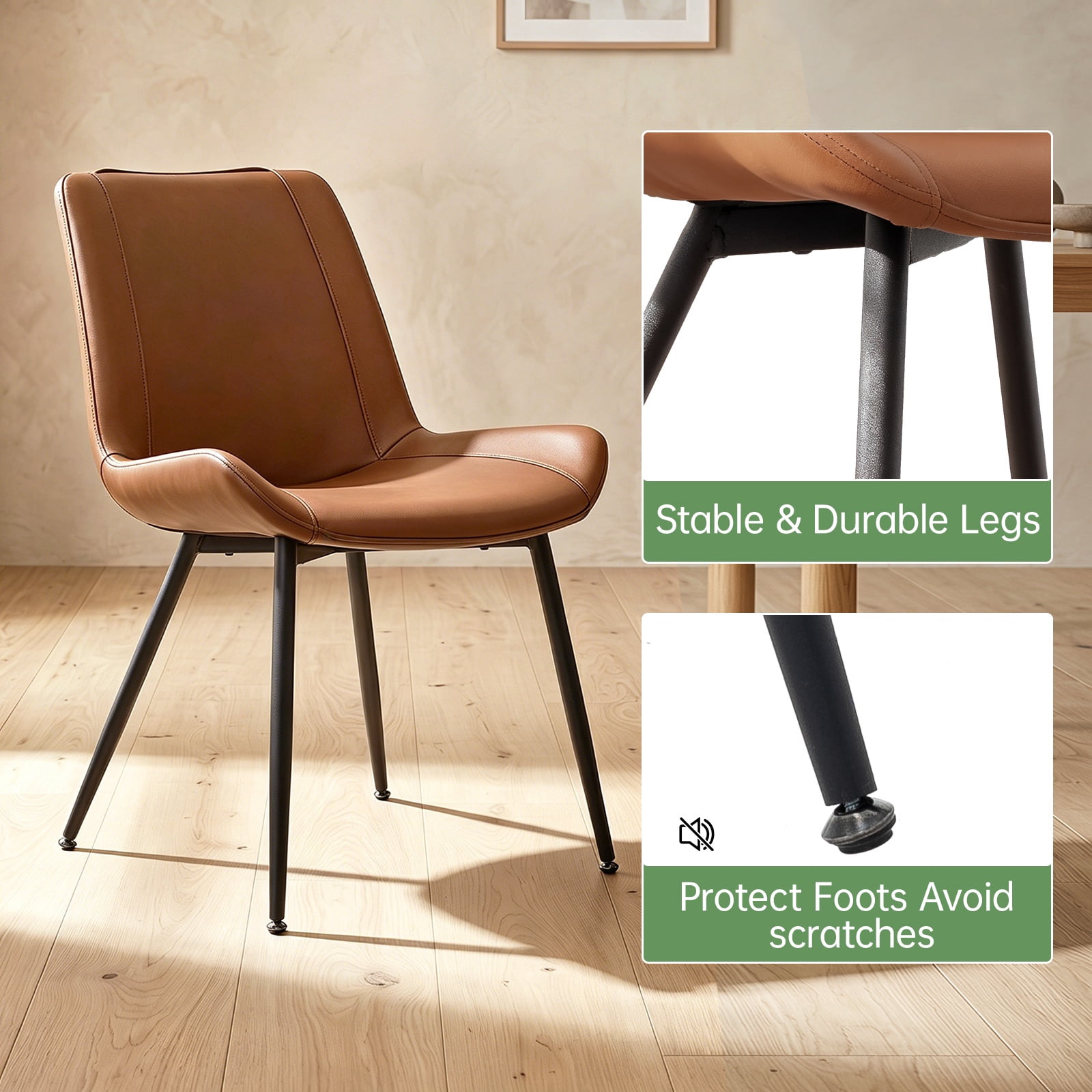 Modern Faux Leather Dining Chairs Set of 2, Upholstered Dining Side Chairs with Metal Legs, Comfort Backrest Chair For Kitchen Dining Room Cafe(Brown, Black Legs)