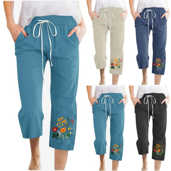 QATAINLAV Womens High Waisted Capri Pants with Pockets Summer Drawstring Elastic Straight Leg Pants Trendy Floral Print Cropped Trousers Navy L Back to College Sale