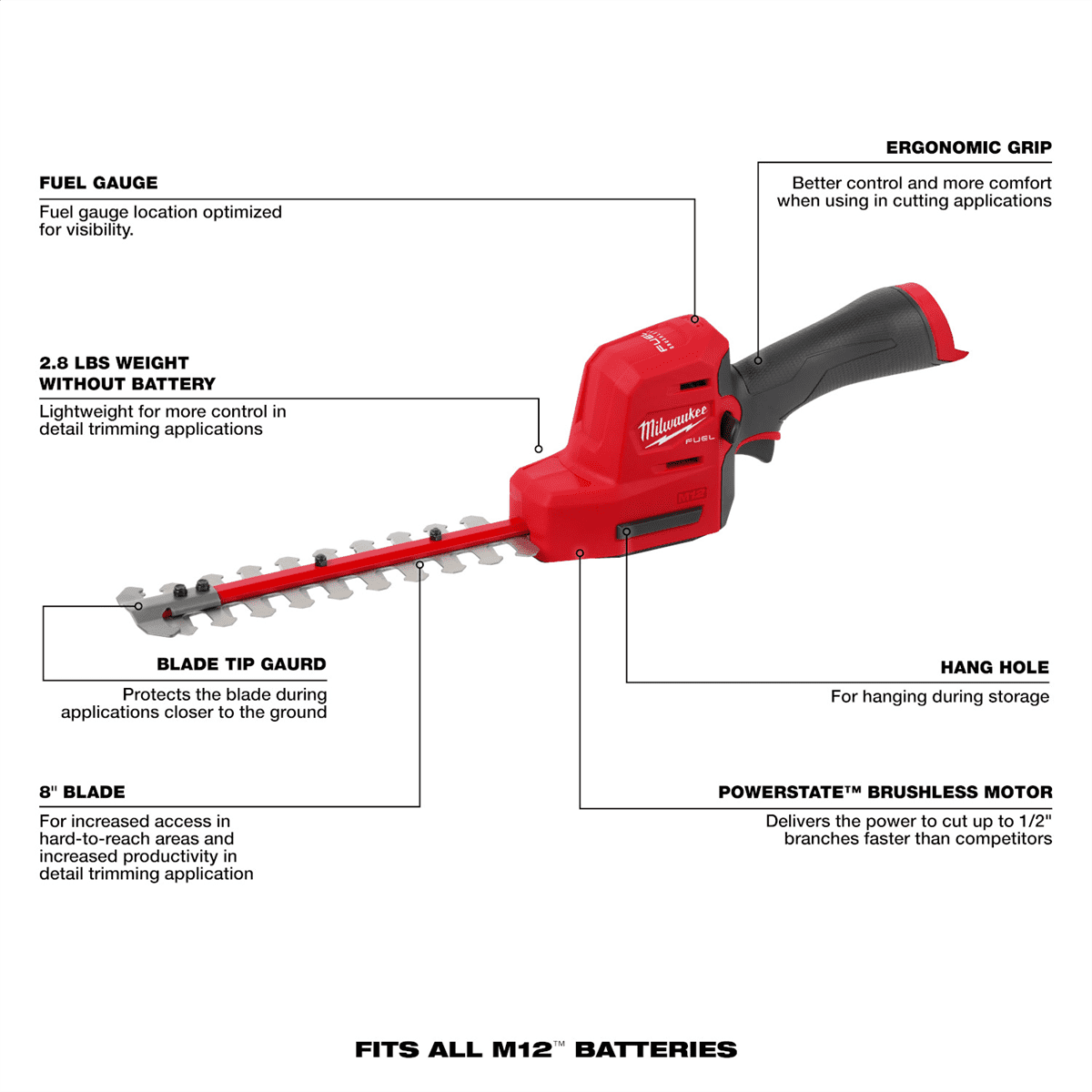 Milwaukee M12 FUEL 8in Hedge Trimmer, Battery Powered