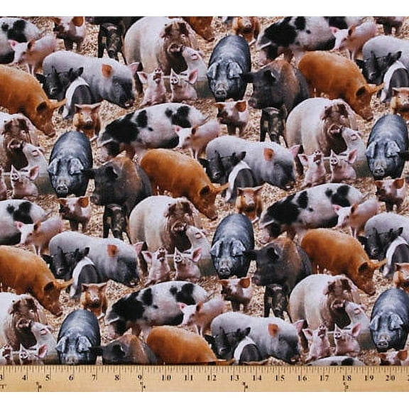Cotton Farm Animals Pigs Pig Sow Piglet Cotton Fabric Print by the Yard 431- Brown