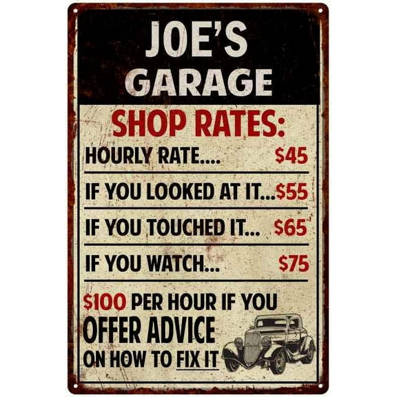 JOE'S Garage Shop Rates Sign Man Cave Decor 8 x 12 High Gloss Metal 208120010054