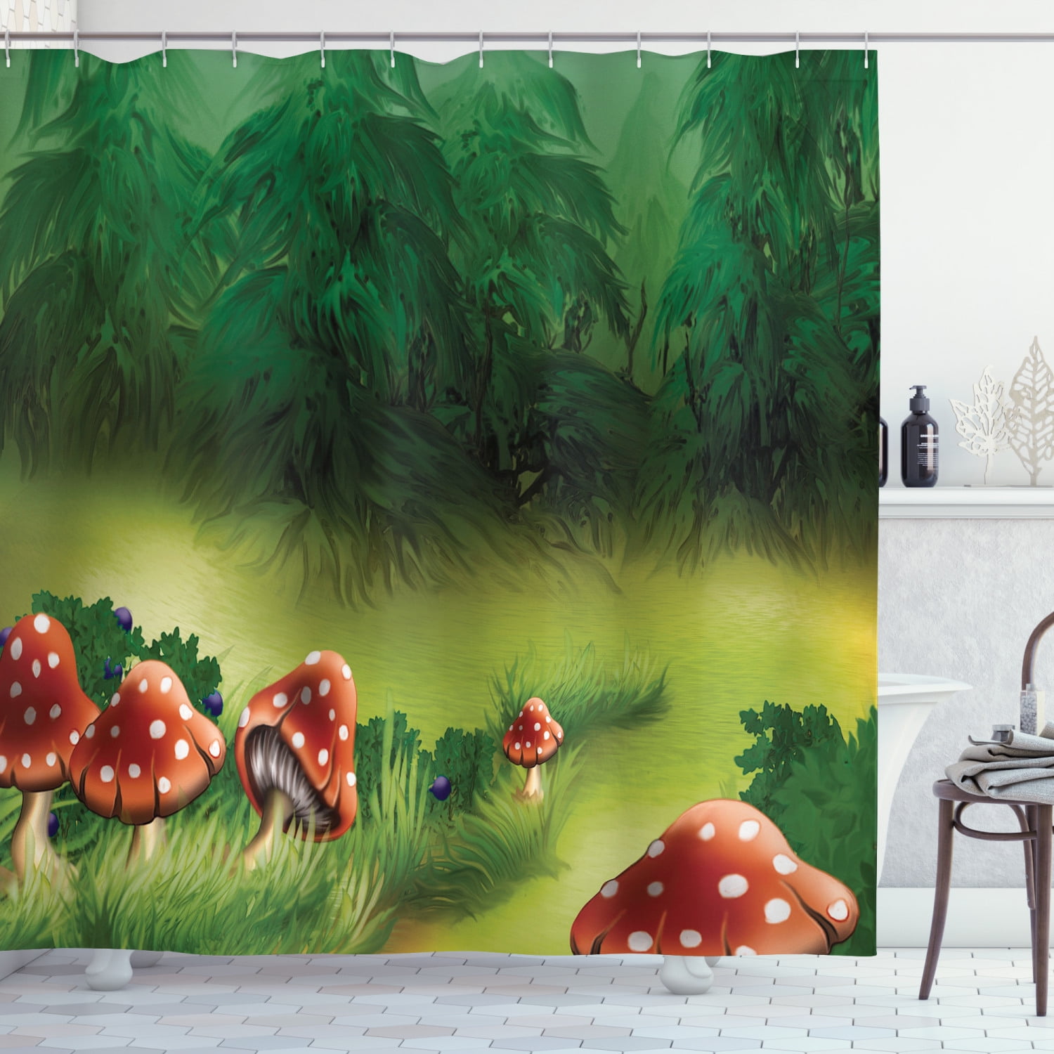 Mushroom Shower Curtain, Fly Agarics Magical Wonderland Lawn Meadow