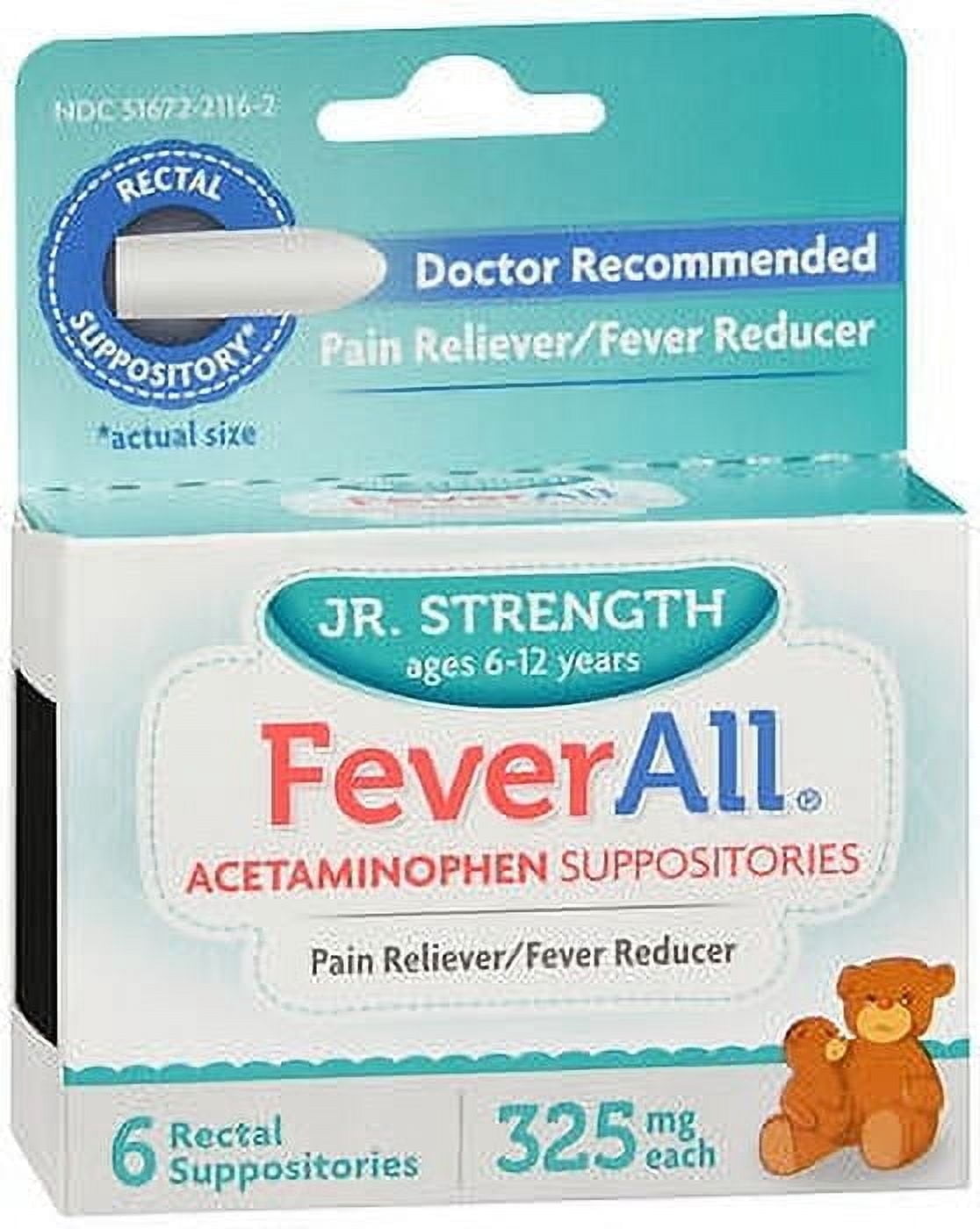 (4 pack) Feverall Children Acetaminophen Suppositories 6 Rectal Suppositories 325mg Each Pain Reliever/Fever Reducer. Paraben Free, No Artificial Colors or Other preservatives. Ages 6-12 Years