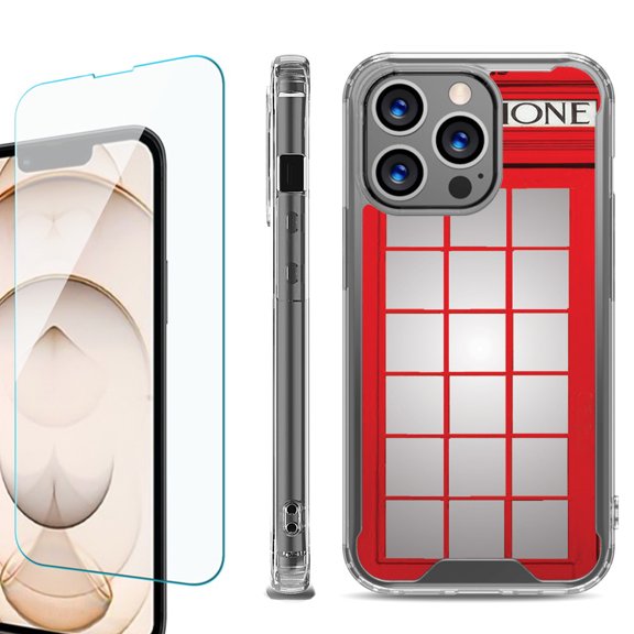 Shockproof Bumper Phone Case for iPhone 13 Pro Max, with Tempered Glass Screen Protector, by OneToughShield ® - Phone Booth Red