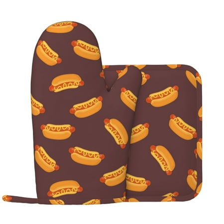 

Oven Mitts and Pot Holders Sets Hot Dog Print Brown Non-Slip Silicone Oven Gloves Potholders Cotton Lining Heat Resistant Gloves Hot Pads for Kitchen Cooking Baking