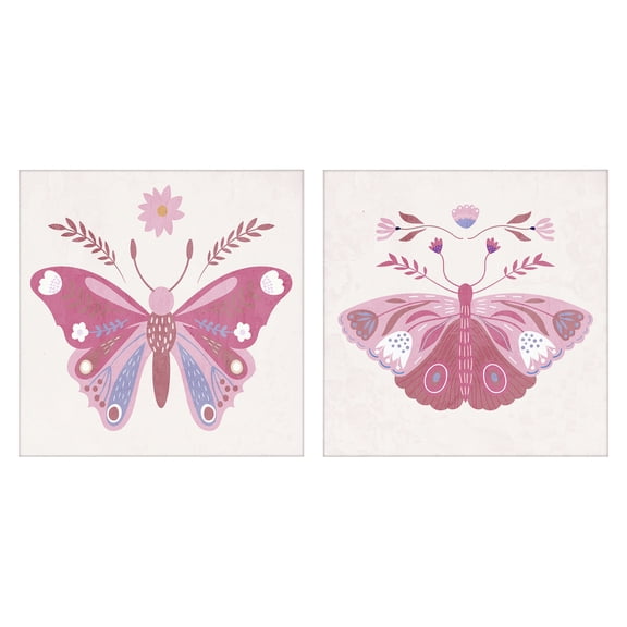Stupell Industries Pink Folk Butterflies 2 Piece Canvas Wall Art Set, design by Kim Allen