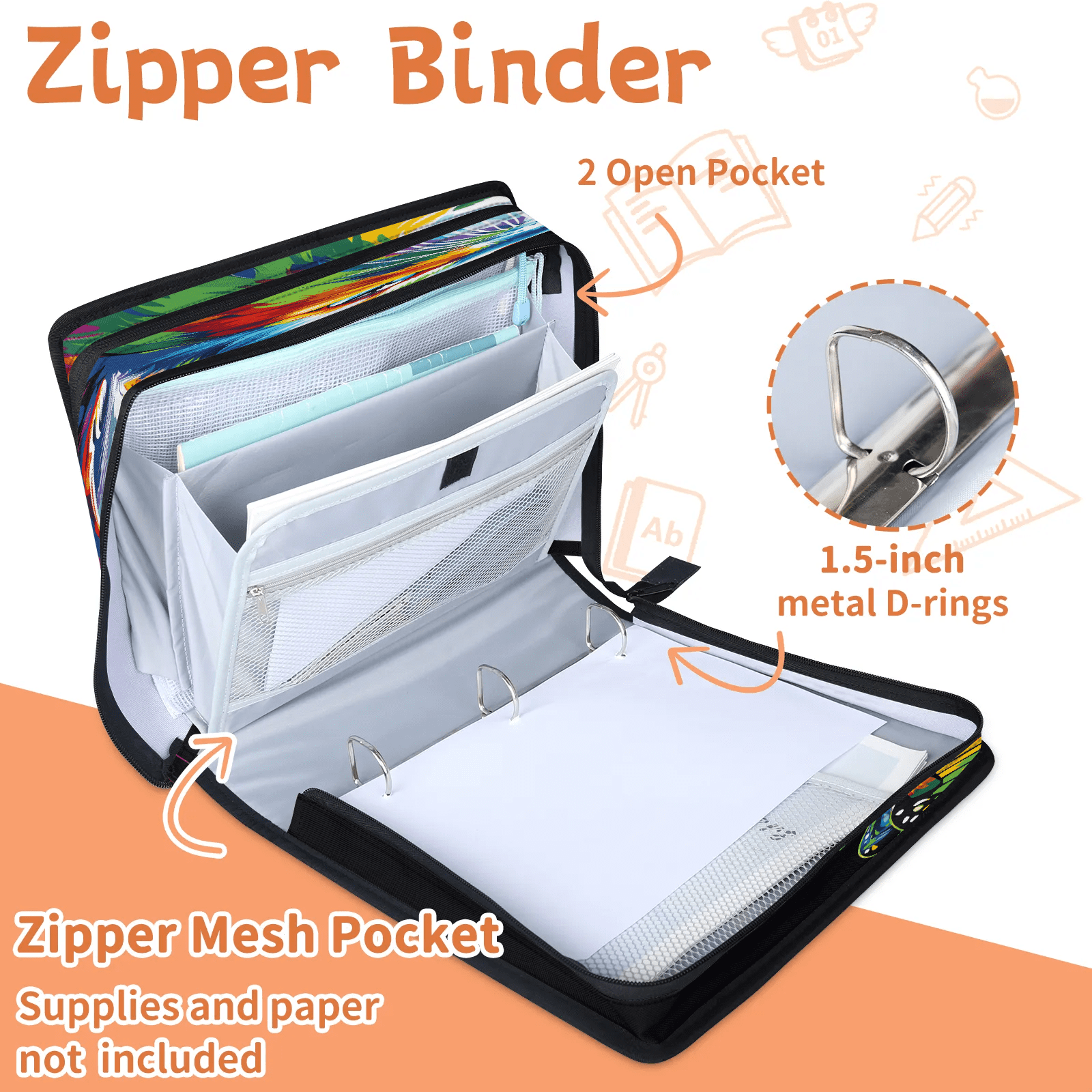 Herdesigns Cat Zipper Binder with Shoulder Strap, Waterproof 1.5 Inch 3 D-Ring Binder Organizer Bag, Fits 13 Inch Laptop for Work, Butterfly