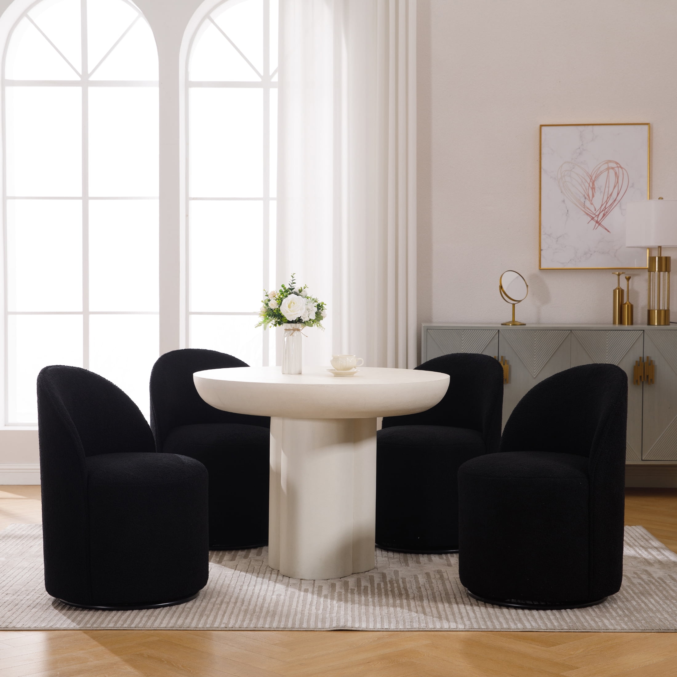 Guyou 360° Swivel Barrel Dining Chair Set of 1, Mid-Century Modern Upholstered Barrel Accent Chair, Sherpa Round Vanity Chair for Dining Room Living Room Bedroom, Black