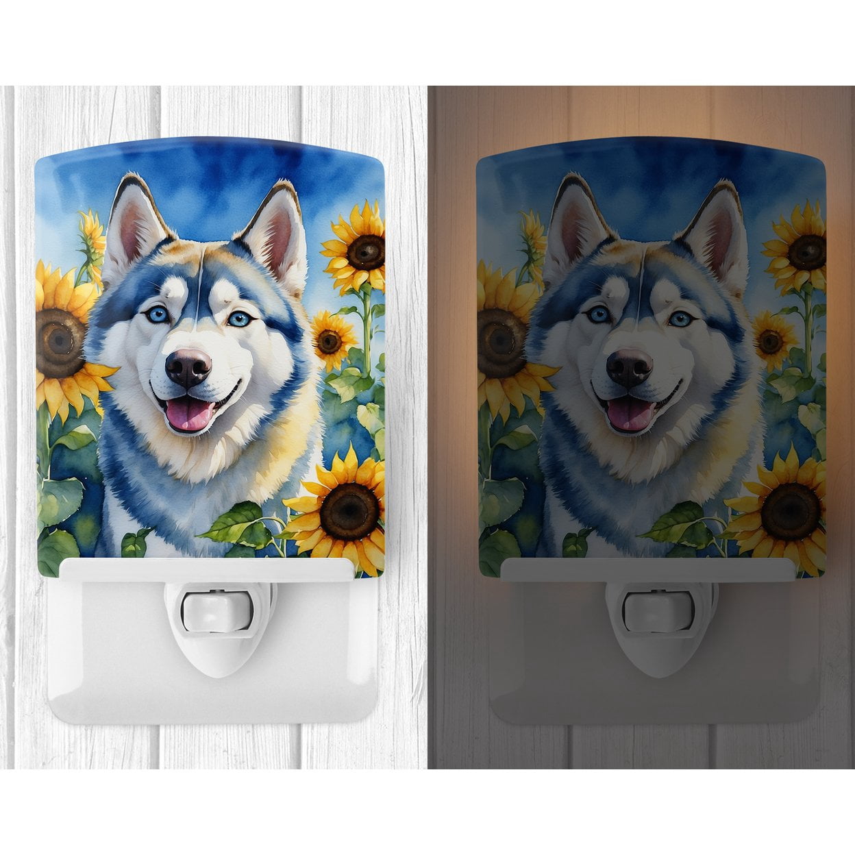Siberian Husky in Sunflowers Ceramic Night Light 4 in x 6 in