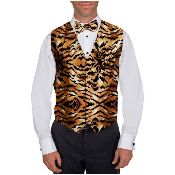 Men's Gold - Black Tiger Print Vest Bow Tie and Hanky Set