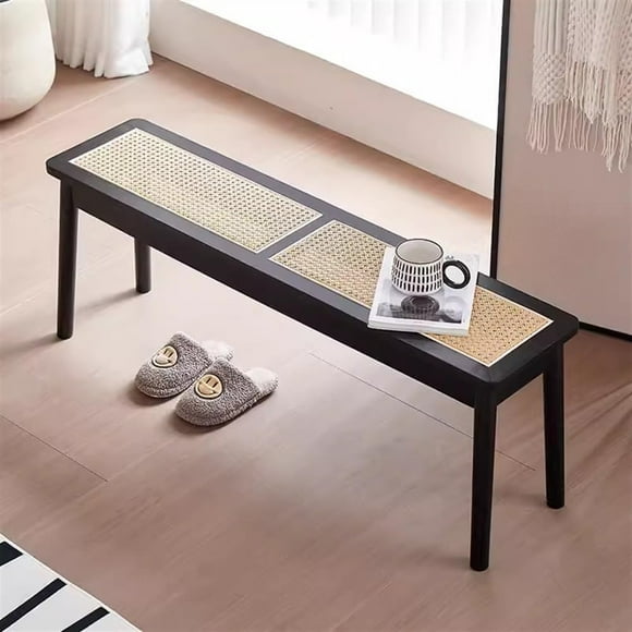 Stool, Rattan Bench Faux Rattan Weaving Design Dining Bench Simple Corner Bench with Rounded Corner Entrance Bench for Kitchen Entrance Corridor(Black,47.2in)