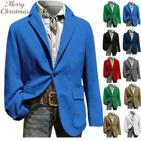 Christmas Blazer Men Tall and Big Corduroy Notch Lapel Collar One Button Holiday Jacket Long Sleeve Party Xmas Business Office Blazers with Pockets