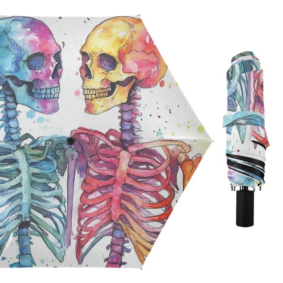 Watercolor Skeletons All Weather Umbrella Triple Folding Parasol 6 Ribs UV Protection Portable