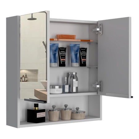 TUHOME White Jaspe Medicine Cabinet with Mirror, 23.6 Double Door Bathroom Cabinet, 3 Shelves   Open Shelf