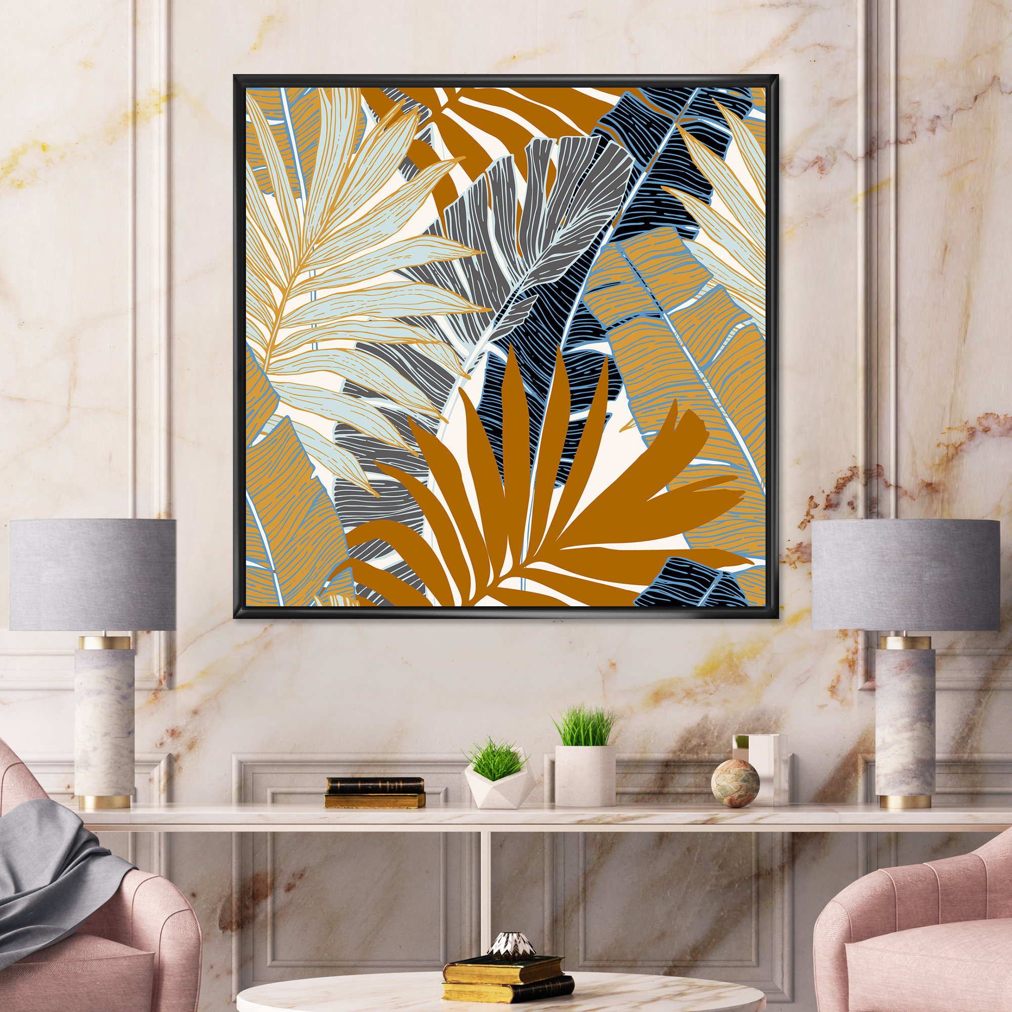 Designart 'Abstract Tropical Summer Banana Leaves and Palm Tree' Modern Framed Canvas Wall Art Print