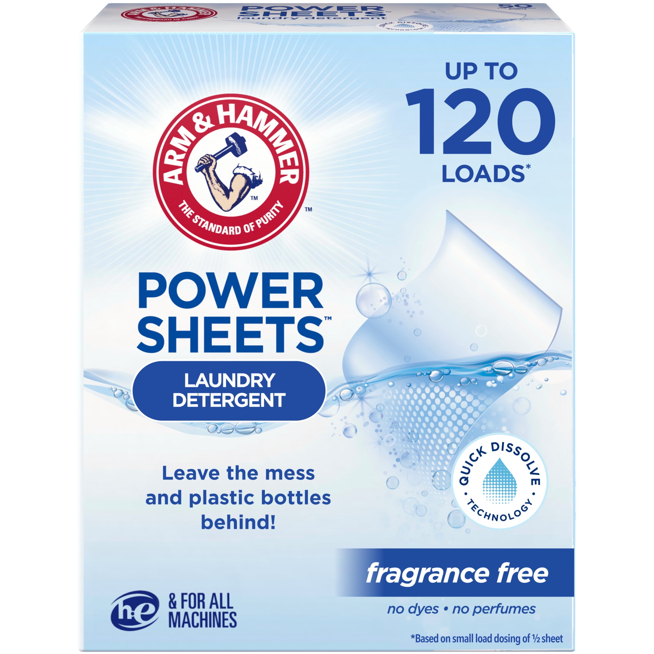 (6 pack) ARM & HAMMER Power Sheets Laundry Detergent, Fragrance Free, 60  Count, Up to 120 Small Loads