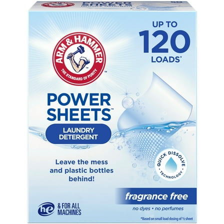 ARM & HAMMER Power Sheets Laundry Detergent, Fragrance Free, 60  Count, Up to 120 Small Loads