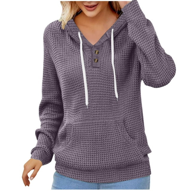Womens Pullover Tops Spring Fall Clothes 2025 Shirts Loose Festival Tops Ladies' Spring Winter Loose Solid Color Button Hoodie V-neck Pocket Long Sleeve Hoodie Top Plus Size Tops For Women Summer