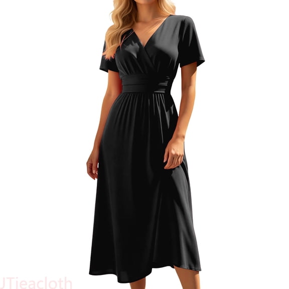 JTieacloth Casual Dresses for Women Short Sleeve V Neck Summer Dress Elastic Waist A-Line Dresses,Black