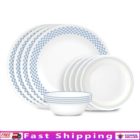 12-Pc Dinnerware Set Serves 4 Microwave Dishwasher Safe Glass Plates Bowls New