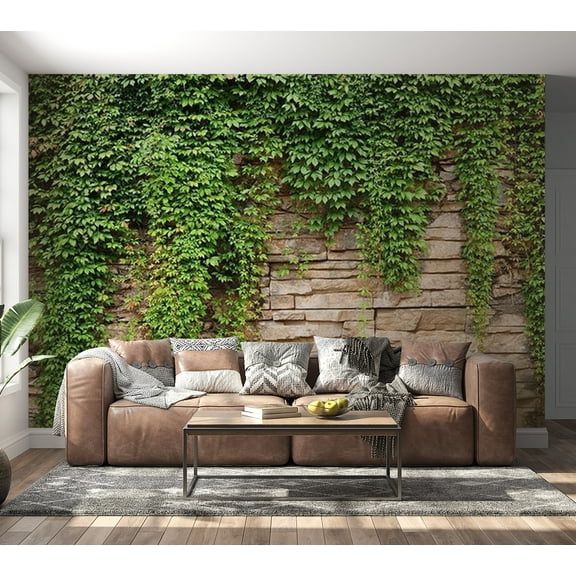Surface Texture Wallpaper Wall Mural - Stacked Stone Ivy Wall