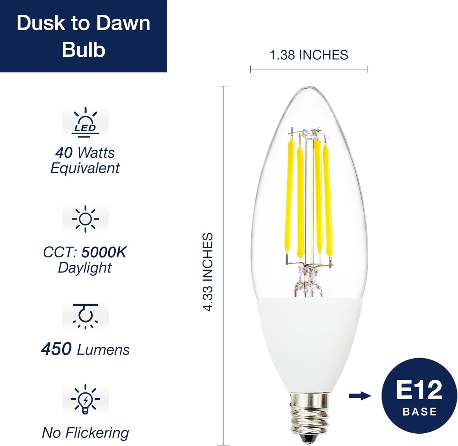 Jaspertronics Dusk to Dawn Outdoor Sensor LED Edison Bulbs 4W 450LM B11 Candelabra E12 Base Auto On/Off Photocell 5000K Cool White 4 Unit per pack