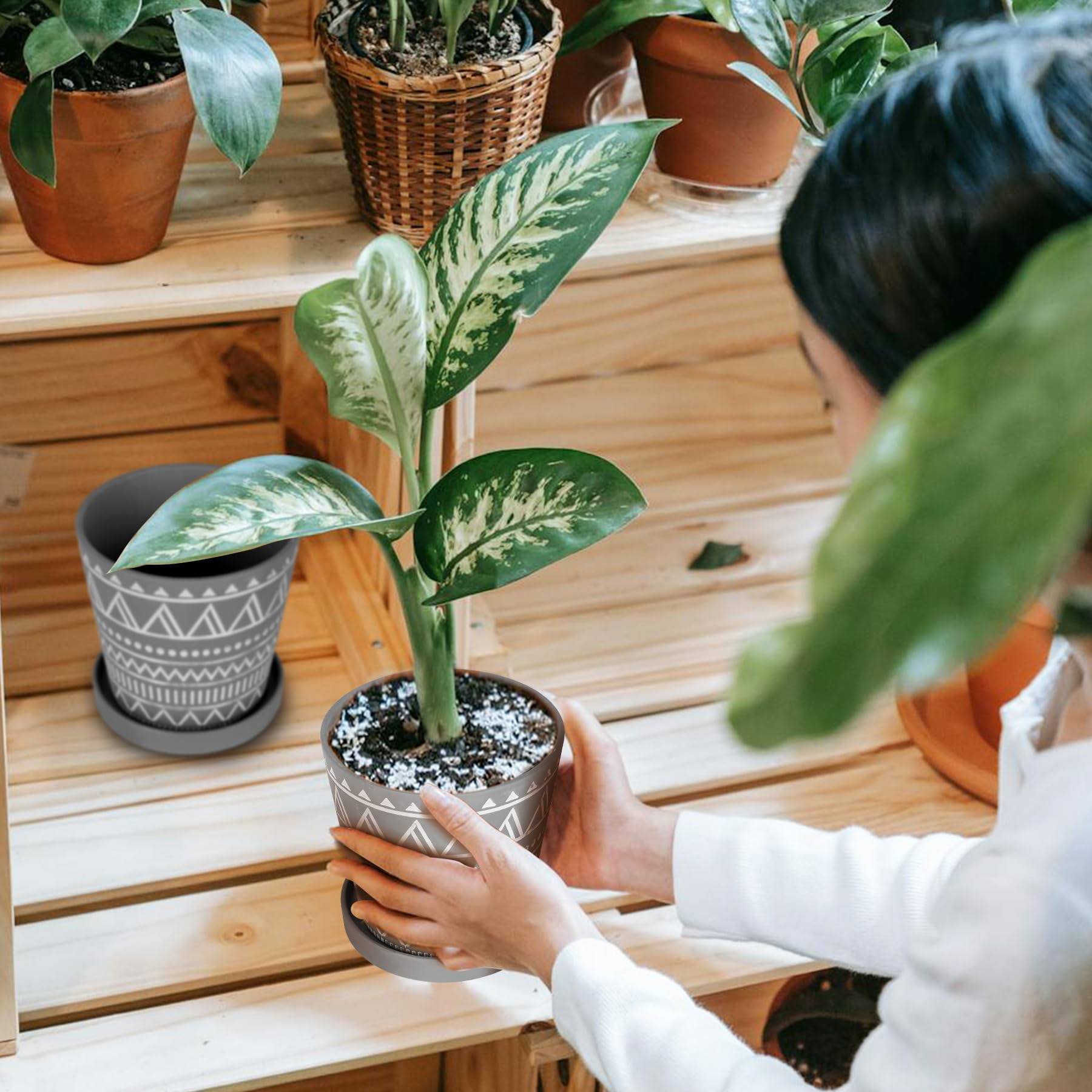 BUYMAX 6 inch Terracotta Pots with Drainage Hole & Saucer, Modern Geometric Planter Set of 2 in Cement Gray - Boho Indoor Outdoor Flower Pots