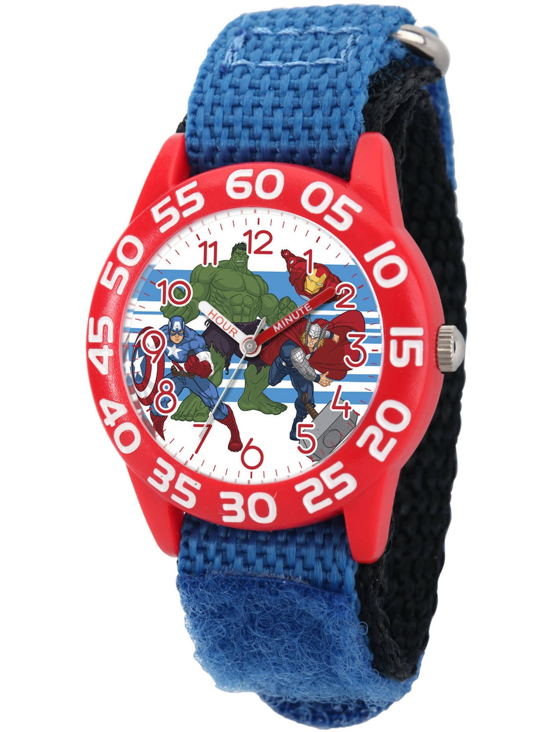 Avengers: Captain America, Hulk, Iron Man and Thor Boys Red Plastic Time Teacher Watch, Blue Hook and Loop Nylon Strap with Black Backing