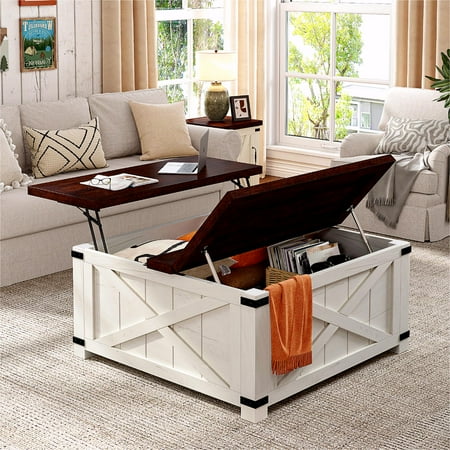 EnHomee 35.6" W Lift Top Coffee Table White Farmhouse Coffee Table with Large Hidden Storage Compartment Wood Square Coffee Table for Living Room Rustic Top Table for Home, White