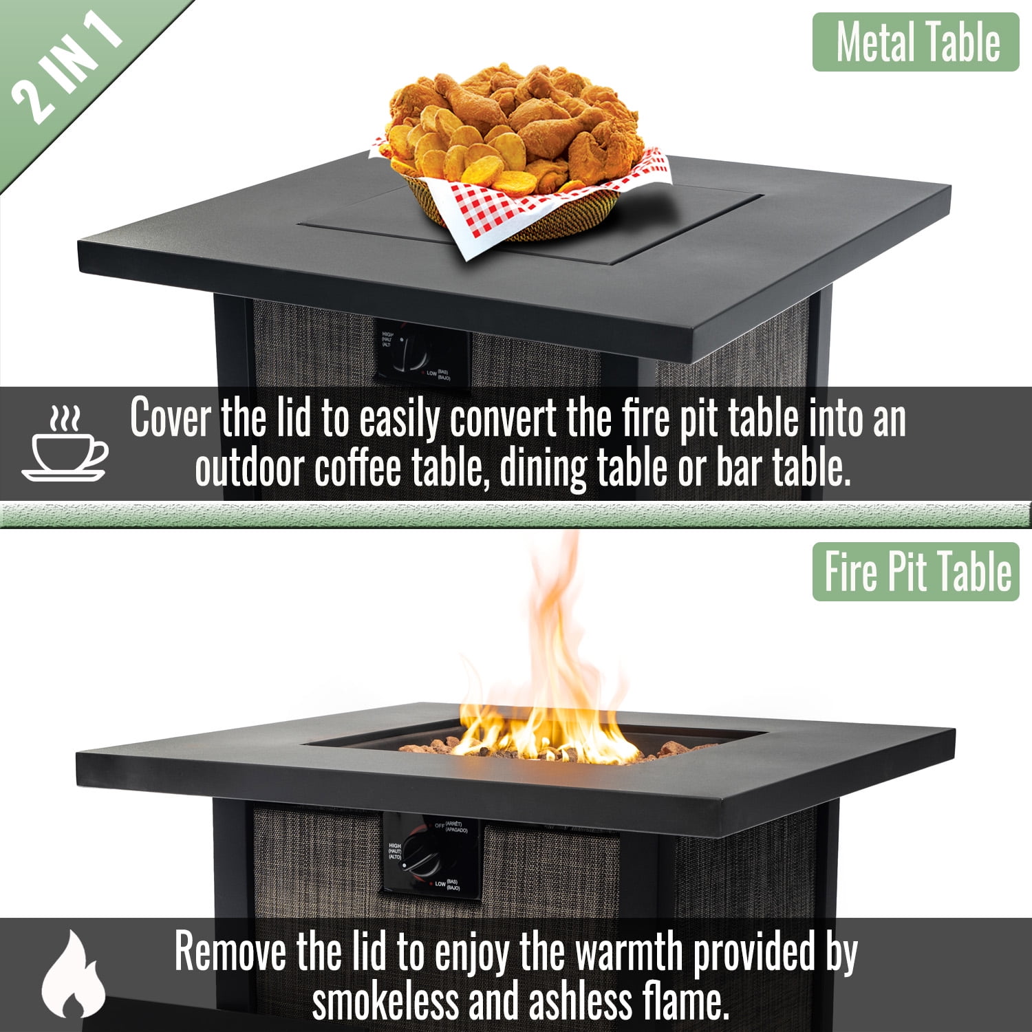 E-Western 28-Inch Propane Fire Pit Table with 50000 BTU Steel Square Design for Outdoor Patio Garden Courtyard Black