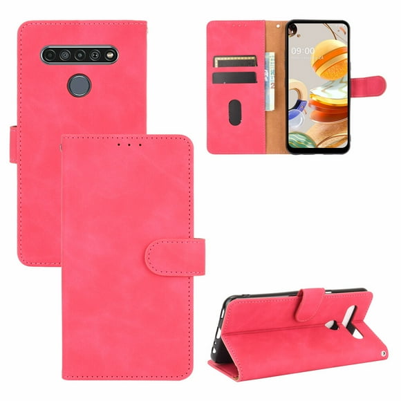 For LG Q61/ K61 PU Leather Flip Case Card Slots Holder Kickstand Book Folding Folio Cover-Pink