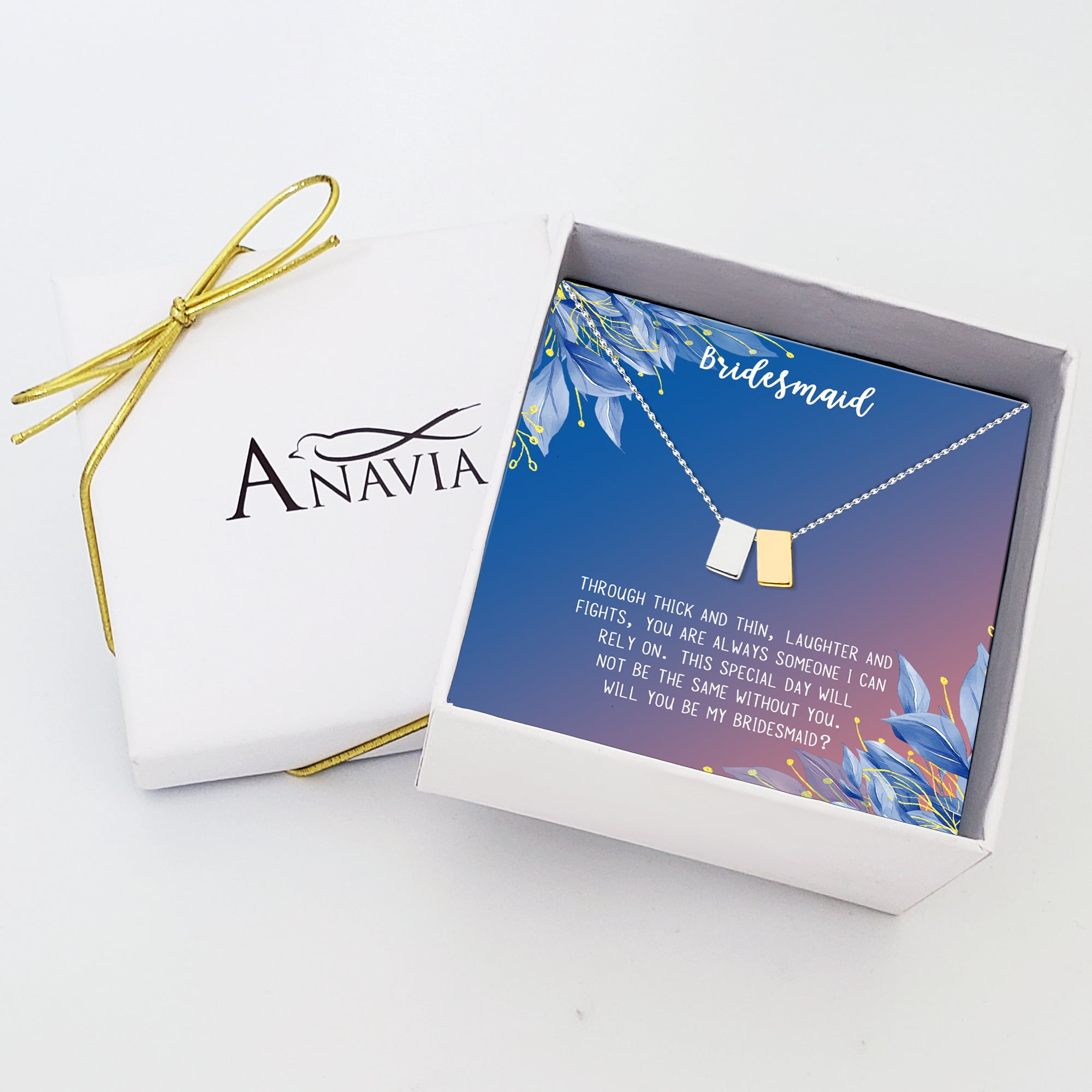 Anavia Bridesmaid Proposal Necklace, Will You Be My Bridesmaid, Bridal Party Gift Card Jewelry Necklace-[Silver and Gold Double Cube, Blue-Orange Gift Card]