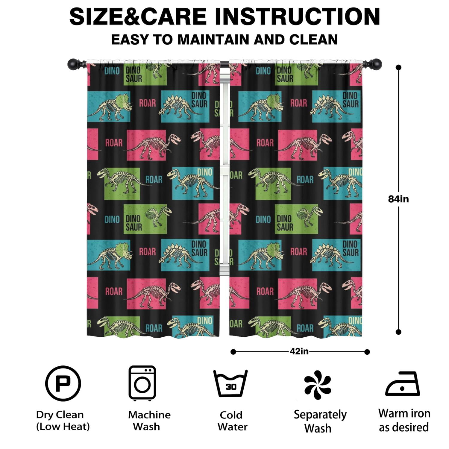 Blackout Kids Curtains,Black Cartoon Dinosaurs Skeletons Boxes Pattern Childrens Insulated Curtains Set Of 2,Bedroom Essentials,Toddler Room Decor 42"x84"