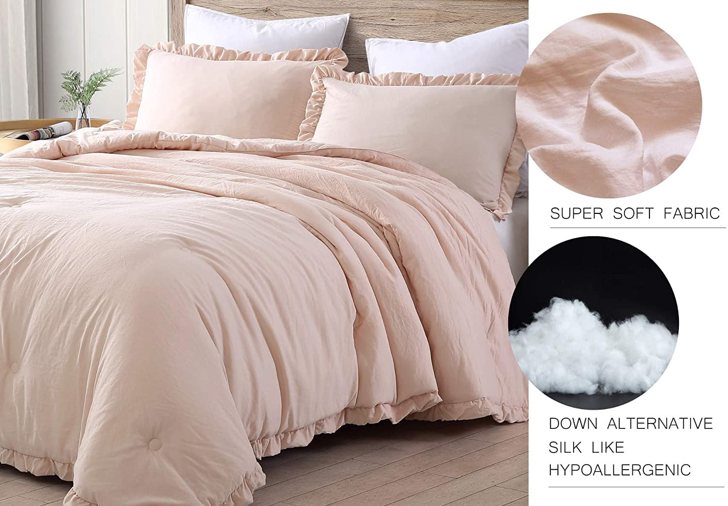 Chezmoi Collection Nora 3-Piece Blush Pink Ruffled Edge Trim Microfiber Comforter Set, Queen Size