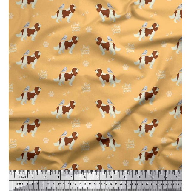 Soimoi Orange Poly Georgette Fabric Bird,Paw & Cocker Spaniel Dog Fabric Prints By Yard 42 Inch Wide